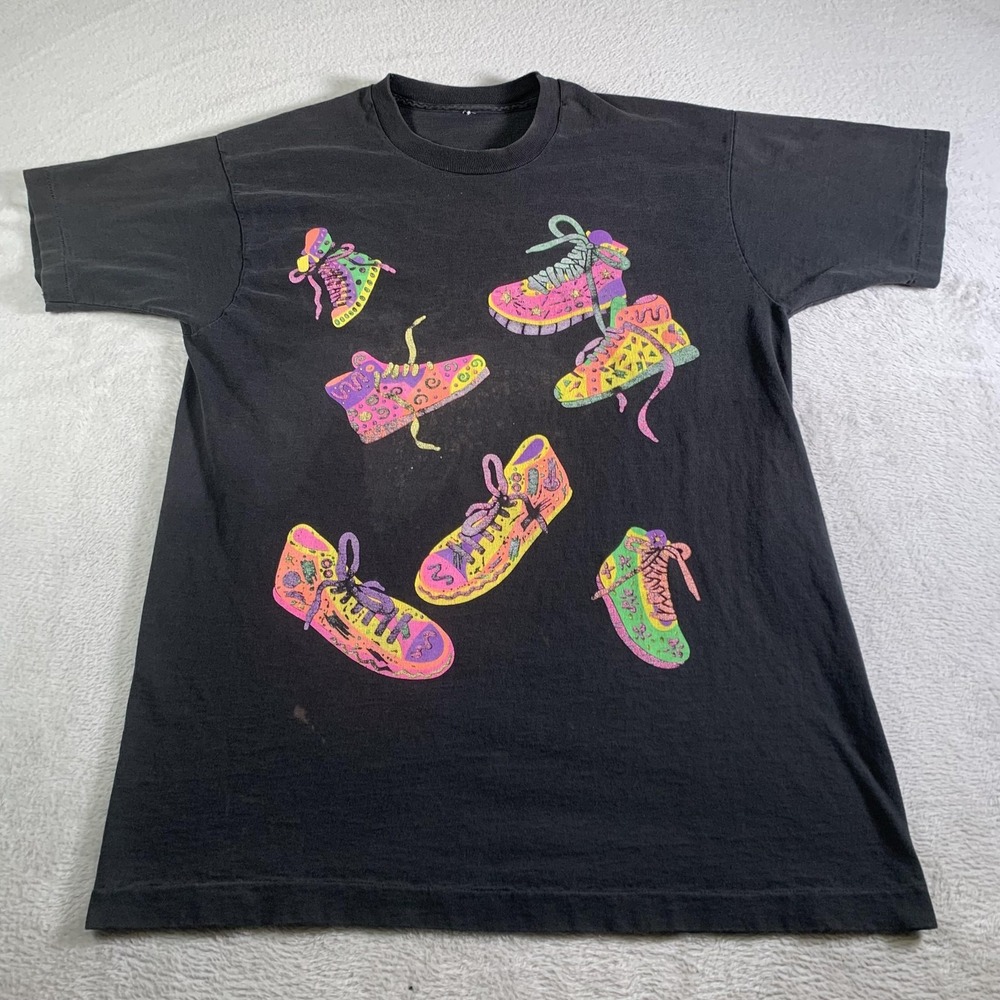 Vintage Neon Sneakers Shirt‎ Mens XLT Tall Black Colorful Shoe Graphic 90s USA